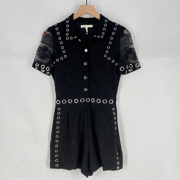 Maje Black Lace Silver Grommet Details Snap Front Collared Romper Size XS - Picture 2 of 16